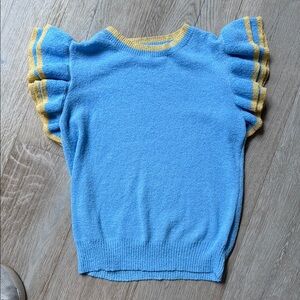 Anniewear blue and yellow soft sweater ruffle sleeve top.